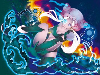 1girl arihato beret breasts cleavage closed_mouth copyright_notice costaric_(wixoss) gloves green_gloves green_panties green_theme green_tube_top hat looking_at_viewer medium_hair night night_sky official_art panties pink_hat sky small_breasts smile solo star_(sky) starry_sky strapless tube_top twintails underwear white_hair wixoss