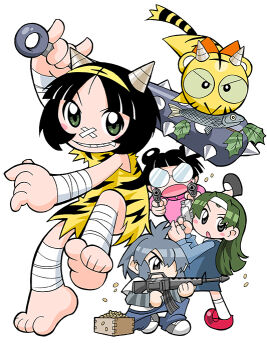 4girls animal_print aqua_sleeves baby_animal bandage_on_nose bandaged_arm bandaged_leg bandages barefoot beans black_hair black_outline black_tail blue_pants blue_sky blue_suit blunt_bangs blunt_ends bow branch bright_pupils character_request child closed_mouth club club_(weapon) collar collared_shirt colored_sclera cub curtained_hair double_bun dress dual_wielding fish formal_clothes full_body green_eyes green_hair green_sclera grey_eyes grey_footwear grey_hair grey_sleeves grin gun hair_bun headband holding holding_club holding_gun holding_weapon horizontal-striped_sleeves kanabou layered_sleeves long_hair long_sleeves looking_at_viewer m/ mamemaki masu mukku_(mook-tv) multiple_girls official_art oni_costume open_mouth orange_bow outline pants pencil_skirt pink_collar pink_shirt pink_sleeves print_dress red_footwear ribbon_kotora rimless_eyewear round_eyewear second-party_source setsubun shirt shoes short_hair short_over_long_sleeves short_sleeves sidelocks simple_background skirt skirt_suit sky sleeveless sleeveless_dress small_pupils smile sneakers soybean spiked_club straight_hair striped_clothes striped_dress striped_fur striped_sleeves striped_tail suit tail teeth tiger tiger_cub tiger_print toes tora_da_yo. torami_(toranoana) toranoana v-shaped_eyebrows very_short_hair weapon weapon_request white_background white_headband white_outline white_pupils white_shirt white_sleeves yellow_dress yellow_fur yellow_tail