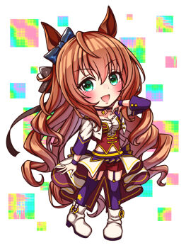 1girl animal_ears blush bodice boots bow breasts brown_hair chibi chibi_only choker cleavage collarbone commentary_request corset cropped_jacket ear_bow full_body garter_straps green_eyes hair_between_eyes highres horse_ears horse_girl horse_tail jacket large_breasts long_hair long_sleeves looking_at_viewer maruzensky_(umamusume) midriff_peek navel open_mouth overskirt pendant_choker purple_choker purple_garter_straps purple_thighhighs red_corset red_shorts shirt shorts smile solo star_(symbol) starting_future_(umamusume) sugimotty_nova tail thighhighs umamusume umapyoi_densetsu white_boots white_jacket white_shirt wristband