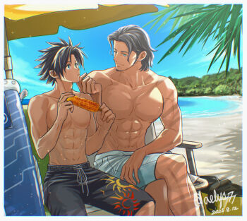 2boys aelys77 angeal_hewley aqua_eyes beach beach_umbrella beard black_hair black_male_swimwear buster_sword chinstrap_beard commentary_request corn corn_cob crisis_core:_final_fantasy_vii crossed_legs dated facial_hair feet_out_of_frame final_fantasy final_fantasy_vii final_fantasy_vii:_ever_crisis floral_print food hand_on_another's_chin holding holding_food inflatable_sword looking_at_another male_focus male_swimwear medium_hair multiple_boys muscular muscular_male ocean palm_tree parted_bangs sitting spiked_hair topless_male tree umbrella white_male_swimwear yaoi zack_fair zack_fair_(tropical_beach)