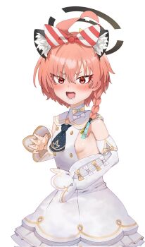 1girl ahoge animal_ear_fluff animal_ears bare_shoulders black_halo blue_archive blush bow braid breasts cat_ears cosplay cowboy_shot detached_sleeves dress embarrassed eyelashes eyes_visible_through_hair fake_animal_ears fang frilled_dress frills hair_bow halo highres loli long_sleeves looking_at_viewer mole mole_under_each_eye mole_under_eye multiple_moles neru_(blue_archive) open_mouth orange_hair red_eyes school_uniform seia_(blue_archive) seia_(blue_archive)_(cosplay) serafuku sideboob simple_background single_braid sleeveless sleeveless_dress small_breasts solo toughman tsurime v-shaped_eyebrows white_background white_dress wide_sleeves