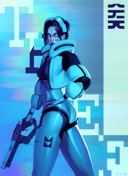 1girl absurdres android black_hair commentary cowboy_shot cropped_jacket english_commentary from_side gabriel_flauzino gun hand_on_own_hip headgear highres holding holding_gun holding_weapon looking_at_viewer marathon_(2026) marathon_(series) shotgun skin_seams solo thief_(marathon) weapon wstr_(shotgun)