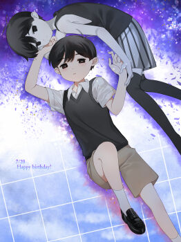 2boys absurdres ankle_socks antenna_hair arm_up bare_arms bare_shoulders black_eyes black_hair black_shoes black_shorts black_sweater_vest black_tank_top black_thighhighs bright_pupils brown_shorts closed_mouth collared_shirt colored_skin dated double-parted_bangs dual_persona empty_eyes expressionless feet_out_of_frame fingernails foot_out_of_frame hair_behind_ear hair_between_eyes hand_on_another&#039;s_cheek hand_on_another&#039;s_face hand_on_another&#039;s_wrist happy_birthday hato_popo_37 highres knee_up light_particles loafers looking_at_viewer lying male_focus multiple_boys no_pupils omori omori_(omori) on_back on_side over-kneehighs parted_lips purple_background shirt shoes short_hair short_sleeves shorts simple_background socks sparkle striped_clothes striped_shorts sunny_(omori) sweater_vest tank_top thighhighs tile_floor tiles two-tone_shorts vertical-striped_clothes vertical-striped_shorts very_short_hair white_background white_pupils white_shorts white_skin white_socks