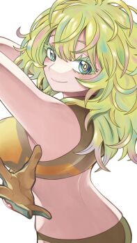 1girl absurdres boku_no_hero_academia breasts closed_mouth female_focus gloves green_eyes green_gloves green_hair green_panties green_shirt hagakure_toru highres hiro_illust11 large_breasts looking_at_viewer messy_hair multicolored_gloves panties red_gloves shirt sleeveless sleeveless_shirt smile solo superhero_costume underwear yellow_gloves