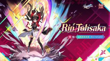 1girl arms_up black_gloves black_hair black_necktie black_shirt black_thighhighs blue_eyes boots breasts character_name commentary copyright_name copyright_notice english_commentary fate/stay_night fate_(series) floating_hair full_body gloves highres honkai:_star_rail honkai_(series) jacket jewelry long_hair long_sleeves looking_at_viewer medium_breasts necklace necktie official_art pendant promotional_art red_jacket rin's_pendant_(fate) shirt skirt solo thighhighs tohsaka_rin twintails white_boots white_skirt