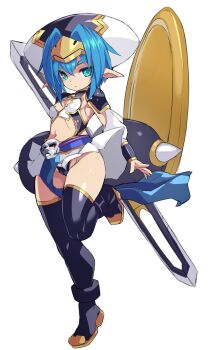 1girl armor black_hat blue_boots blue_eyes blue_hair blue_wrist_cuffs boots breasts closed_mouth clothing_cutout commentary_request expressionless full_body groin hair_intakes hat headpiece hellmatio highres karukan_(monjya) long_pointy_ears looking_at_viewer navel pauldrons pointy_ears revealing_clothes shinrabanshou short_hair shoulder_armor simple_background small_breasts solo standing standing_on_one_leg stomach stomach_cutout thigh_boots two-tone_hat white_background white_hat wrist_cuffs