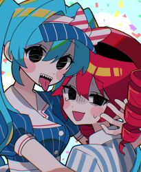 Rule 34 | 2girls, black eyes, blue hair, blue shirt, blush stickers, bow, breasts, commentary request, confetti, diagonal-striped bow, drill hair, hair intakes, hatsune miku, highres, hug, kasane teto, medium breasts, mesmerizer (vocaloid), multiple girls, open mouth, red hair, shirt, smile, striped clothes, striped shirt, sweat, tongue, tongue out, turn pale, twin drills, uncomfortable, uni we, vertical-striped clothes, vertical-striped shirt, visor cap, vocaloid, white shirt