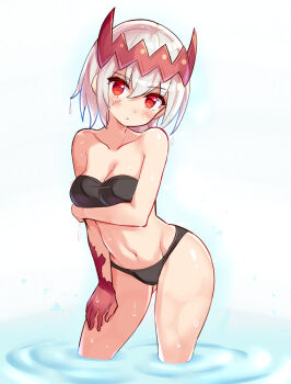 1girl breasts commentary cougar_(cougar1404) dragon:_marked_for_death empress_(dmfd) navel red_eyes scar scar_on_face short_hair solo strapless swimsuit tube_top wet white_hair