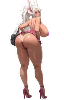 1girl absurdres animal_ears areola_slip ass back bag blush boku_no_hero_academia breasts butt_crack butt_plug c-string dark-skinned_female dark_skin gem_pasties heart-shaped_butt_plug high_heels highres huge_breasts insertion_clothing jasony jewel_butt_plug long_eyelashes long_hair looking_at_viewer looking_back miniskirt mirko parted_bangs pink_skirt ponytail rabbit_ears rabbit_girl rabbit_tail red_eyes school_bag school_uniform sex_toy skirt solo strapless_bottom tail tan tanline thick_thighs thighs topless_female white_hair
