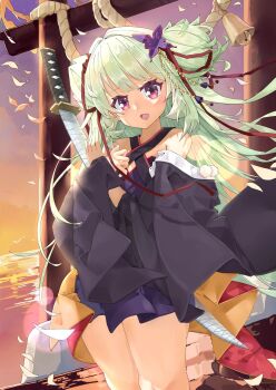 1girl :d bare_shoulders bell bilingual_commentary black_kimono blunt_bangs breasts butterfly_hair_ornament commentary cowboy_shot criss-cross_halter english_commentary floating_hair green_hair hair_intakes hair_ornament hair_ribbon halterneck hands_up highres holding holding_sword holding_weapon japanese_clothes katana kimono lens_flare long_hair long_ribbon long_sleeves looking_at_viewer mixed-language_commentary murasame_(senren) ocean open_mouth outdoors pom_pom_(clothes) red_eyes red_ribbon ribbon senren_banka sidelocks small_breasts smile solo sunset sword torii two_side_up very_long_hair weapon wide_sleeves wind yuyu_zheng