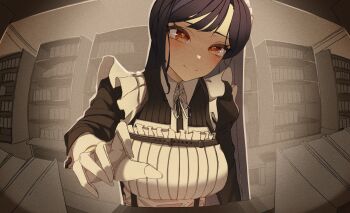 1girl apron black_dress black_hair blush book bookshelf breasts brown_eyes chest_belt closed_mouth commentary dress fisheye frilled_apron frills gloves greeen_891 harness highres indoors korean_commentary large_breasts library lilpa long_hair long_sleeves looking_at_viewer maid maid_apron maid_headdress neck_ribbon pov reaching reaching_towards_viewer ribbon smile solo upper_body very_long_hair virtual_youtuber waktaverse white_apron white_gloves