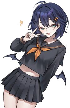 absurdres ahoge alternate_costume belle_(zenless_zone_zero) black_hair black_serafuku black_wings blue_hair breasts commentary cowboy_shot demon_wings english_commentary fang four-pointed_star green_eyes hair_between_eyes hair_intakes hair_ornament highres letter_hair_ornament long_sleeves looking_at_viewer miclipse midriff navel neckerchief open_mouth orange_neckerchief pleated_skirt sailor_collar school_uniform serafuku short_hair skin_fang skirt smile v white_background wings zenless_zone_zero