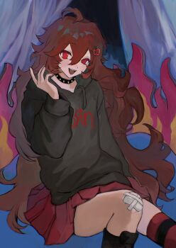 1girl :d absurdres ahoge apple_hair_ornament bandaid bandaid_on_knee bandaid_on_leg collar commission commissioner_upload fangs food-themed_hair_ornament hair_ornament hairclip highres hood hoodie kneehighs long_hair looking_at_viewer non-web_source nonono000m open_mouth original print_hoodie red_hair single_kneehigh single_sock sitting skeb_commission smile socks spiked_collar spikes wavy_hair