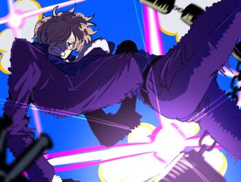 1boy blonde_hair blue_shirt chain clenched_teeth commentary curly_eyebrows hair_over_one_eye laser male_focus mrjieshisu necktie one_piece sanji_(one_piece) shirt short_hair solo symbol-only_commentary teeth white_necktie