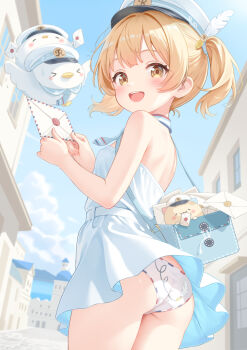 1girl ass back-print_panties bag blonde_hair dress envelope hat highres holding looking_at_viewer original outdoors panties print_panties rebun twintails underwear white_dress white_panties