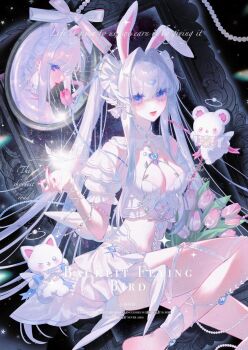 Rule 34 | 1girl, animal ears, blue eyes, bow, breasts, cleavage, clothing cutout, dress, fake animal ears, flower, gem, hair ornament, highres, image sample, jileqizhanshi, long hair, looking at viewer, mihuashi sample, mirror, original, pink flower, pink rose, rabbit ears, rose, sitting, skirt, solo, sparkle, twintails, very long hair, white dress, white hair