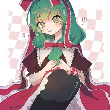 1girl black_pantyhose bow collared_dress commission dress frilled_bow frilled_dress frilled_ribbon frills front_ponytail green_eyes green_hair heart heart_bubbles highres kagiyama_hina looking_at_viewer maki_(osobabouro) pantyhose plaid_background puffy_short_sleeves puffy_sleeves red_bow red_ribbon ribbon short_sleeves sitting skeb_commission smile solo touhou twitter_username wrist_ribbon