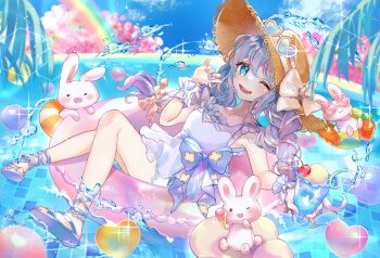 1girl blue_eyes blue_nails blush bow braid cloud commission cup dress drinking_straw flower food fruit hat heart heart_shaped_eyewear highres holding innertube kumono_ame long_hair looking_at_viewer nail_polish ocean one_eye_closed open_mouth original outdoors rabbit rainbow sandals sensitive sky sleeveless sleeveless_dress smile solo straw_hat sunglasses swim_ring twin_braids twintails water