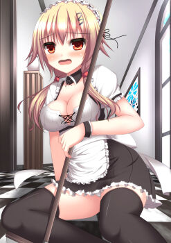 1girl absurdres apron back_bow black_dress black_thighhighs black_wrist_cuffs blonde_hair blush bow breasts broom checkered_floor cleavage commentary_request detached_collar dress fang feet_out_of_frame frilled_apron frilled_sleeves frills hair_between_eyes hair_ornament hairclip hallway highres holding holding_broom indoors large_breasts long_hair low_twintails maid maid_headdress multiple_hair_clips nyarumi on_floor open_mouth original pedestal picture_frame pinafore_dress puffy_short_sleeves puffy_sleeves red_eyes shirt short_dress short_sleeves sleeveless sleeveless_dress solo thighhighs tile_floor tiles top_of_moe_2015 twintails vase waist_apron white_apron white_shirt wrist_cuffs