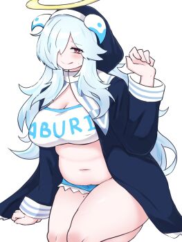 1girl :q bell black_coif black_dress blue_hair blue_shorts blush breasts closed_mouth commentary_request cowboy_shot crop_top doubliel dress hair_over_one_eye halo heart heart-shaped_pupils highres horns large_breasts long_hair long_sleeves looking_at_viewer mahjong_fight_girl micro_shorts midriff mole mole_on_thigh navel open_clothes open_dress pink_eyes plump shirt shorts simple_background smile solo symbol-shaped_pupils tongue tongue_out traditional_halo white_background white_horns white_shirt yellow_halo yonaga_san