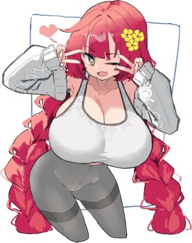 1girl ;d alternate_breast_size_(larger) alternate_costume bare_shoulders blunt_bangs braid breasts bright_pupils chinese_commentary cleavage collarbone commentary_request cowboy_shot cropped_legs detached_sleeves double_v fang flower green_eyes grey_pants hair_flower hair_ornament hands_up heart highres huge_breasts inset_border long_hair long_sleeves looking_at_viewer low_twin_braids low_twintails one_eye_closed open_mouth outside_border pants red_hair romantic_meow simple_background skin_fang sleeves_past_wrists smile solo sports_bra standing tight_clothes tight_pants twin_braids twintails ukinami_yuzuha v v_over_eye very_long_hair white_background white_pupils white_sports_bra yellow_flower yoga_pants zenless_zone_zero