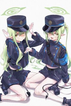 2girls :&lt; :d arm_at_side armband black_boots black_hat black_jacket black_shorts black_skirt blue_archive blue_armband blush boots buttons closed_mouth commentary demon_girl demon_tail double-breasted earrings fang film_grain foot_out_of_frame frown gloves green_hair green_halo hair_between_eyes halo hands_up hat highres hikari_(blue_archive) jacket jewelry long_hair long_sleeves looking_at_viewer making_faces midriff miniskirt multiple_girls nozomi_(blue_archive) open_mouth pantyhose peaked_cap pleated_skirt pointy_ears shorts siblings sidelocks simple_background sisters sitting skin_fang skirt smile tail taroekaki twins twintails upturned_eyes very_long_hair wavy_hair white_background white_gloves white_pantyhose yellow_eyes yokozuwari