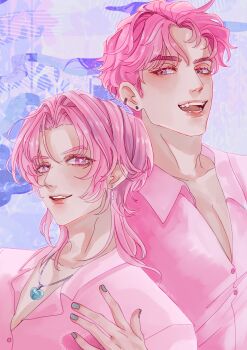 2boys abby_(kpop_demon_hunters) aqua_nails collared_shirt colored_eyebrows commentary earrings highres jewelry kpop_demon_hunters looking_at_viewer male_focus medium_hair multiple_boys necklace neru_scarlet open_mouth pink_shirt romance_(kpop_demon_hunters) shirt short_hair sideburns smile