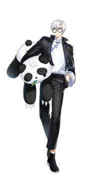 1boy absurdres animal belt black-framed_eyewear black_belt black_gloves black_jacket black_pants black_shoes bracelet carrying carrying_under_arm closed_mouth closers crossed_bandaids full_body glasses gloves grey_eyes highres holding holding_animal j_(closers) jacket jewelry looking_to_the_side male_focus mandarin_collar official_art open_clothes open_jacket pants round_eyewear shirt shirt_tucked_in shoes short_hair solo tachi-e teardrop-framed_glasses walking white_background white_hair white_shirt wide_sleeves