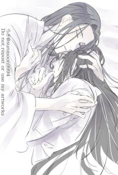 2boys alternate_costume alternate_hairstyle bathrobe bed_sheet black_hair chinese_clothes closed_eyes couple finger_sucking finger_to_mouth hair_down hand_in_another's_hair hand_on_another's_head hanfu hug lan_wangji long_hair lying male_focus modao_zushi monochrome multiple_boys on_bed on_side robe sidelocks sleeping sunmoon9994 twitter_username very_long_hair wei_wuxian white_robe wide_sleeves yaoi