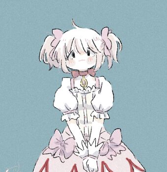 1girl bubble_skirt closed_mouth green_background highres kaname_madoka light_smile looking_at_viewer magical_girl mahou_shoujo_madoka_magica nana163i simple_background skirt solo twintails