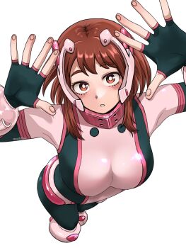 1girl belt black_bodysuit bodysuit boku_no_hero_academia boots breasts brown_eyes brown_hair female_focus highres large_breasts light_blush looking_at_viewer matching_hair/eyes multicolored_bodysuit parted_lips pink_bodysuit sidelocks simple_background skin_tight solo superhero_costume teeth uraraka_ochako uraraka_ochako_(hero_outfit) white_background white_bodysuit