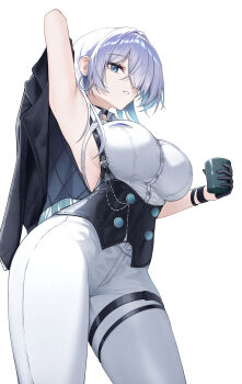 1girl absurdres arm_up armpits bare_shoulders black_corset black_gloves blue_eyes blue_hair breasts brid_(nikke) colored_inner_hair corset cowboy_shot cup earrings gloves goddess_of_victory:_nikke haerang hair_over_one_eye highres holding holding_cup holster hoop_earrings jacket jewelry large_breasts looking_to_the_side medium_hair multicolored_hair pants shirt sideless_shirt solo thigh_holster unworn_jacket white_hair white_pants white_shirt