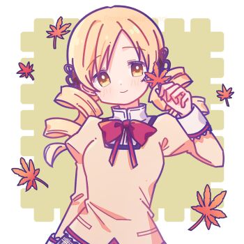 autumn_leaves blonde_hair bow bowtie drill_hair falling_leaves hair_ornament hand_up head_tilt high_collar highres holding holding_leaf juliet_sleeves lace-trimmed_sleeves lace_trim leaf light_blush light_smile long_sleeves looking_at_viewer mahou_shoujo_madoka_magica maple_leaf mitakihara_school_uniform multicolored_shirt plaid_clothes plaid_skirt puffy_sleeves red_bow red_bowtie ruru_(rurumagi) school_uniform shirt simple_background skirt tomoe_mami twin_drills white_shirt yellow_eyes yellow_shirt
