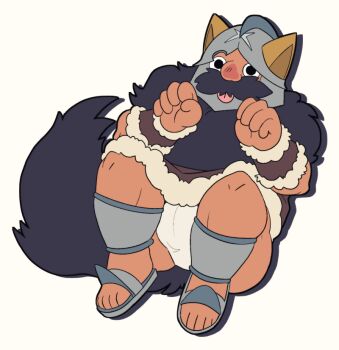 1boy :p bara beard bulge dungeon_meshi dwarf facial_hair fake_horns fat fat_man full_body hands_up helmet horned_helmet horns karina_farek loincloth long_beard looking_at_viewer lying male_focus mustache on_back paw_pose red_nose senshi_(dungeon_meshi) solo thick_mustache tongue tongue_out very_long_beard