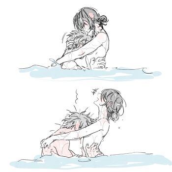 2koma assertive_female blood chainsaw_man comic denji_(chainsaw_man) hetero highres hug laughing montes4352 nosebleed partially_submerged reze_(chainsaw_man) topless_female topless_male wading water wet