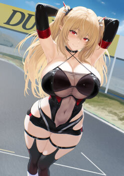 1girl armpits arms_behind_head arms_up bare_shoulders belt belt_collar black_belt black_collar black_gloves black_leotard black_shorts black_thighhighs blonde_hair blue_sky blurry blurry_background blush boots breasts cleavage closed_mouth clothing_cutout cloud collar collarbone commentary_request commission criss-cross_halter day dutch_angle elbow_gloves feet_out_of_frame gloves hair_between_eyes hair_ornament halterneck highleg highleg_leotard hip_vent knee_boots large_breasts leotard long_hair looking_at_viewer micro_shorts miyabinp navel original outdoors pointy_ears race_queen racetrack red_eyes see-through_clothes see-through_leotard shorts skeb_commission sky smile solo standing thigh_belt thigh_gap thigh_strap thighhighs twintails very_long_hair white_boots