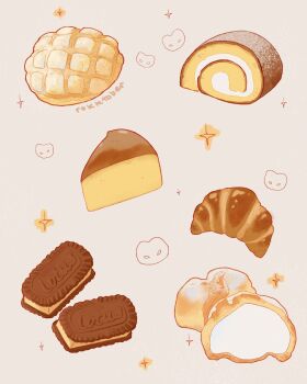 bread cake commentary cookie croissant english_commentary food food_focus grey_background highres melon_bread no_humans original rokktober sponge_cake swiss_roll