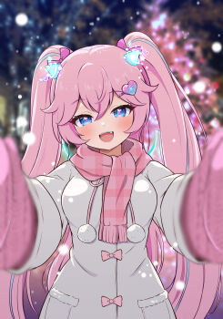 1girl :d angelic_buster blue_eyes blue_hair blurry blurry_background blush breasts coat commentary_request depth_of_field drawstring fringe_trim hair_between_eyes hair_ornament hairclip head_tilt heart heart_hair_ornament highres horns long_hair looking_at_viewer maplestory medium_breasts mittens multicolored_hair nekono_rin night open_mouth outdoors pink_hair pink_mittens pink_scarf plaid_clothes plaid_scarf reaching reaching_towards_viewer scarf smile snow solo streaked_hair twintails unmoving_pattern upper_body very_long_hair white_coat