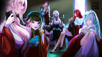 Rule 34 | +\l.l./+ (path to nowhere), 6+girls, absurdres, aqua eyes, aqua hair, aqua nails, aqua pupils, artist logo, bare shoulders, black bow, black bowtie, black dress, black nails, black shoes, blue dress, blush stickers, bow, bowtie, bracelet, breasts, cabernet (path to nowhere), cane, cellphone, commentary request, doll joints, dress, earrings, eleven (path to nowhere), enfer (path to nowhere), eve (path to nowhere), flower, gradient hair, grey hair, hair flower, hair ornament, hair over one eye, hand on own head, hand on own knee, high heels, highres, holding, holding cane, holding phone, jacket, jewelry, joints, large breasts, logo, long hair, looking at viewer, medium hair, multicolored hair, multiple girls, orange streaks, path to nowhere, phone, pink streaks, purple hair, red hair, red jacket, shalom (path to nowhere), shoes, short hair, smartphone, stingray, streaked hair, unicorsft, wheelchair, white hair, yellow eyes