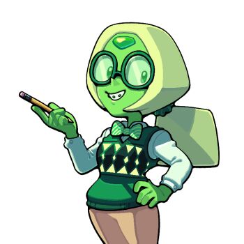 1girl alien alternate_costume alternate_eyewear blonde_hair bow bowtie braces colored_skin discount-supervillain forehead_jewel gem gem_(steven_universe) green_skin grin hair_ornament hair_scrunchie holding holding_pencil pencil peridot_(steven_universe) scrunchie shirt smile solo steven_universe sweater_vest white_shirt