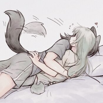 2girls animal_ears bang_dream! bang_dream!_it&#039;s_mygo!!!!! black_shirt blush commentary cuddling flying_sweatdrops green_hair grey_background grey_shorts heart highres hug kemonomimi_mode long_hair multiple_girls on_bed open_mouth pillow rabbit_ears rabbit_girl rabbit_tail shirt short_sleeves shorts simple_background symbol-only_commentary tail wakaba_mutsumi wolf_ears wolf_girl wolf_tail yahata_umiri yakaze_(yakaze1604) yuri