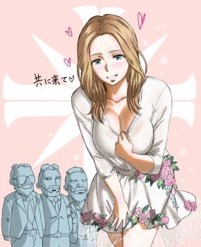 1girl 3boys beard belt blonde_hair breasts cleavage cross dress facial_hair faith_seed far_cry far_cry_5 flower green_eyes heart highres jacob_seed john_seed joseph_seed large_breasts long_hair looking_at_viewer multiple_boys mustache necktie rose smile thighs translation_request urasuji_samurai white_dress