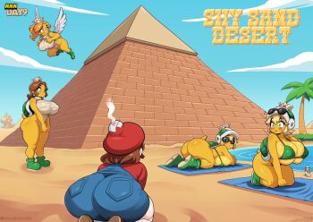 1futa 4girls ass bikini blonde_hair blue_eyes blush breasts brown_hair colored_skin crown ear_piercing earrings english_text flying futanari green_eyes heart huge_ass huge_breasts jewelry kogeikun koopa_troopa looking_at_viewer lying mario mario_(series) medium_hair multiple_girls nintendo piercing pyramid_(structure) speech_bubble sunglasses swimsuit wings yellow_skin