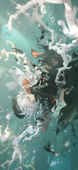 1girl air_bubble beret black_coat black_hat brown_eyes bubble chinese_commentary closed_mouth coat commentary_request coral dappled_sunlight eyelashes falling floating_clothes floating_hair full_body gloves grey_gloves grey_ribbon hat hat_ribbon highres jimimimihua_xinglao_ayi light_particles long_sleeves looking_at_viewer original red_coat ribbon shards short_hair smile solo sunlight thick_eyebrows torn_clothes torn_coat two-sided_coat two-sided_fabric underwater white_hair