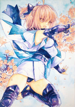 1girl ahoge black_panties black_scarf blonde_hair breasts cherry_blossoms chikinan_tarou fate/grand_order fate_(series) haori highres holding holding_sword holding_weapon japanese_clothes katana kimono koha-ace looking_at_viewer medium_breasts okita_souji_(fate) okita_souji_(koha-ace) painting_(medium) panties pantyshot petals scarf shinsengumi short_hair short_kimono smile solo sword traditional_media underwear watercolor_(medium) weapon yellow_eyes