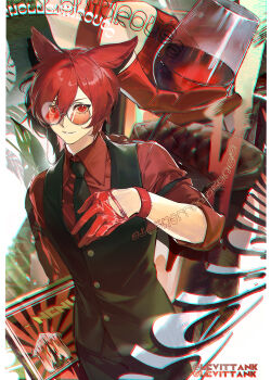 Rule 34 | 1boy, absurdres, alcohol, animal ears, artist name, black necktie, black vest, cat boy, cat ears, chromatic aberration, clothing cutout, collared shirt, commentary request, couch, cup, cupping glass, dress shirt, drinking glass, eyewear strap, final fantasy, final fantasy xiv, g'raha tia, glove cutout, gloves, grin, highres, holding, holding cup, levittank, looking at viewer, male focus, miqo'te, multiple views, necktie, red-tinted eyewear, red eyes, red gloves, red hair, red shirt, red wine, round eyewear, shirt, short hair, smile, solo, tinted eyewear, twitter username, vest, waiter, wine, wine glass