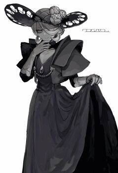 1girl :&gt; absurdres black_dress black_hat closed_mouth cogita_(pokemon) dress flower fuji_den_fujiko gloves grey_eyes grey_hair hair_over_one_eye hat hat_flower highres looking_at_viewer nintendo pokemon pokemon_legends:_arceus rose short_hair simple_background solo standing sun_hat upper_body white_background white_flower white_gloves white_rose