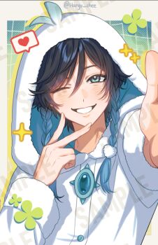 1boy aqua_eyes black_hair blue_hair braid commentary english_commentary genshin_impact gradient_hair haryu_chee hood hood_up long_sleeves male_focus multicolored_hair one_eye_closed simple_background smile solo teeth twin_braids v v_over_mouth venti_(genshin_impact) white_hood