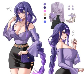 1girl bag black_skirt braid breasts cleavage collarbone commentary_request earrings english_text fingernails french_commentary gem genshin_impact hand_up highres jewelry large_breasts lips long_hair multiple_views nail_polish pendant purple_bag purple_eyes purple_gem purple_hair purple_nails raiden_shogun she-a_(shiasstudy) shoulder_bag simple_background skirt very_long_hair white_background