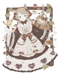 Rule 34 | 1girl, animal ears, apron, asase (asariya), blush, braid, brown dress, brown eyes, brown hair, chipmunk, chipmunk tail, commentary, cup, dress, frilled dress, frills, fruit basket, hairband, hand up, highres, honey, idolmaster, idolmaster cinderella girls, inset border, kemonomimi mode, leaf, long dress, long sleeves, looking at animal, looking to the side, low twin braids, mason jar, morikubo nono, outside border, red hairband, simple background, solo, squirrel, symbol-only commentary, teacup, twin braids, white apron, white background, wide sleeves